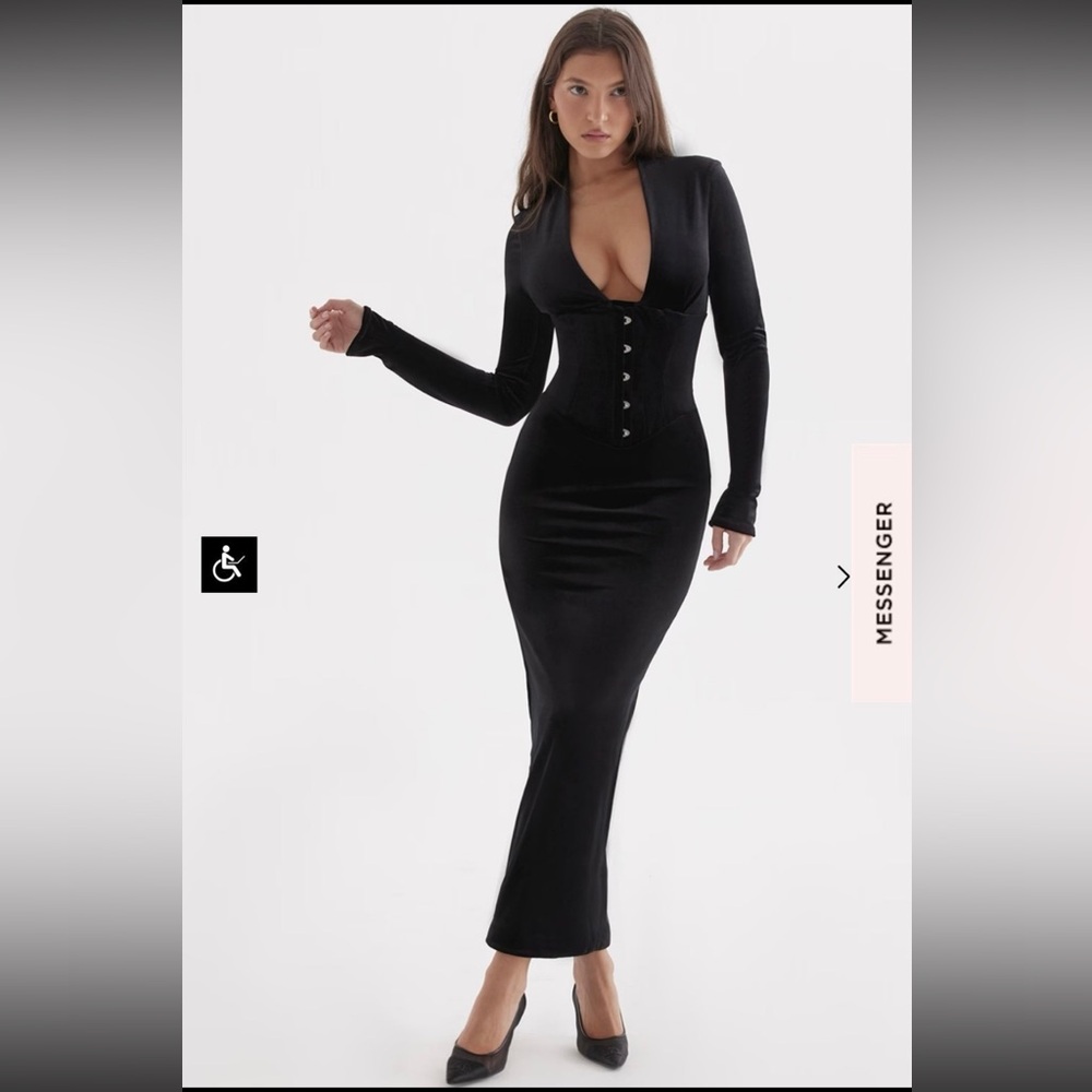 House Of CB London Arabella Black Velvet Corset Long Sleeve Maxi Dress